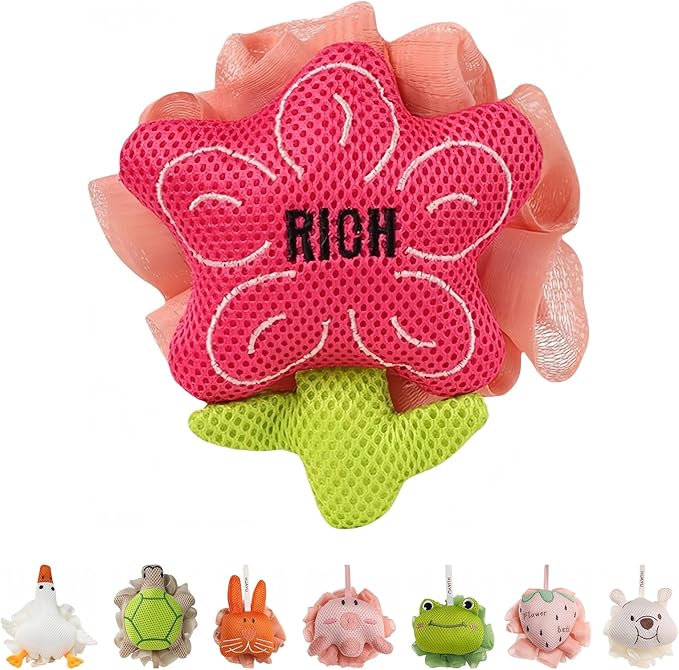 Kids Loofah, Cute Cartoon Animal Kids Bath Sponge with Hanging Rope, Soft Double Mesh for Rich Lather (Money Flower)
