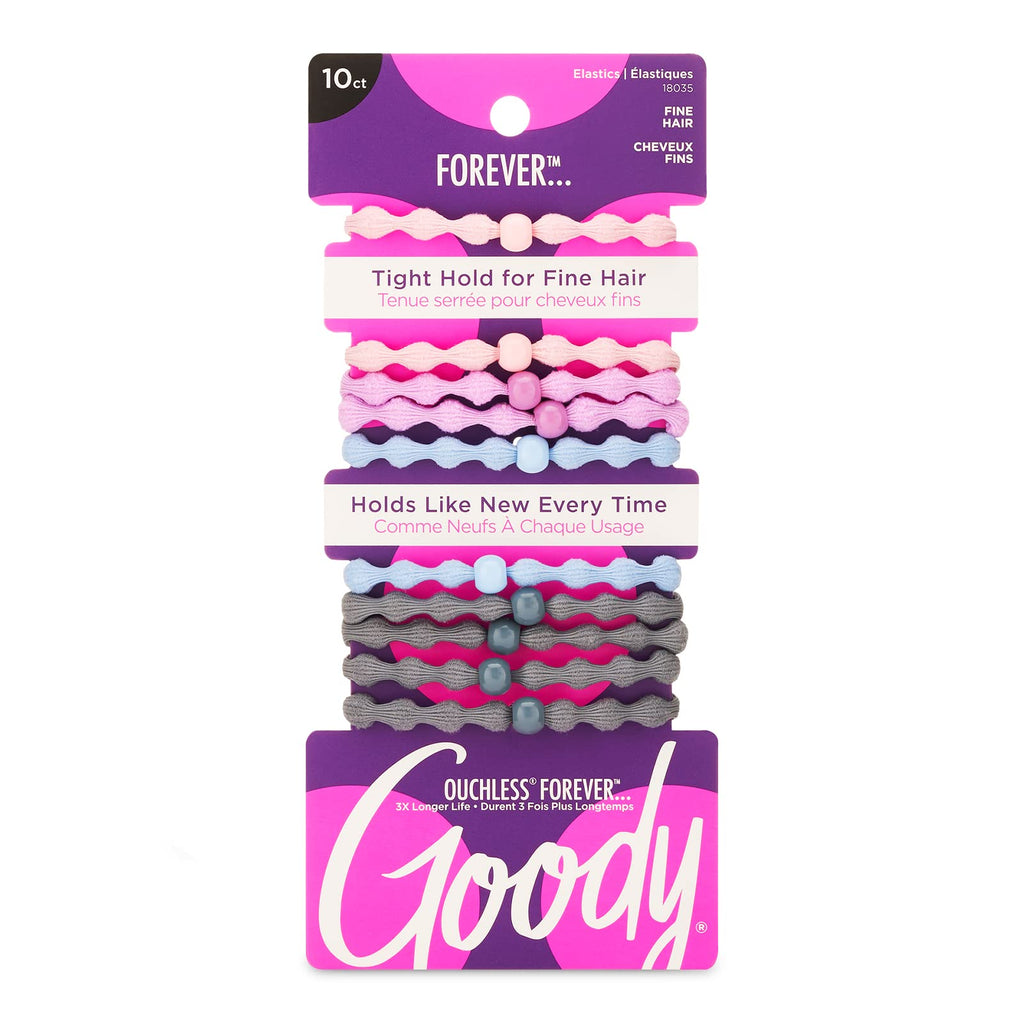 Goody Ouchless Forever Fine Hair Elastics, 10 Ct, Assorted Colors, Damage-Free Bands, 3X Stronger Elastic Ties, Retainable Shape, 16 Strand Inner Core, Styling Accessories for Women & Men