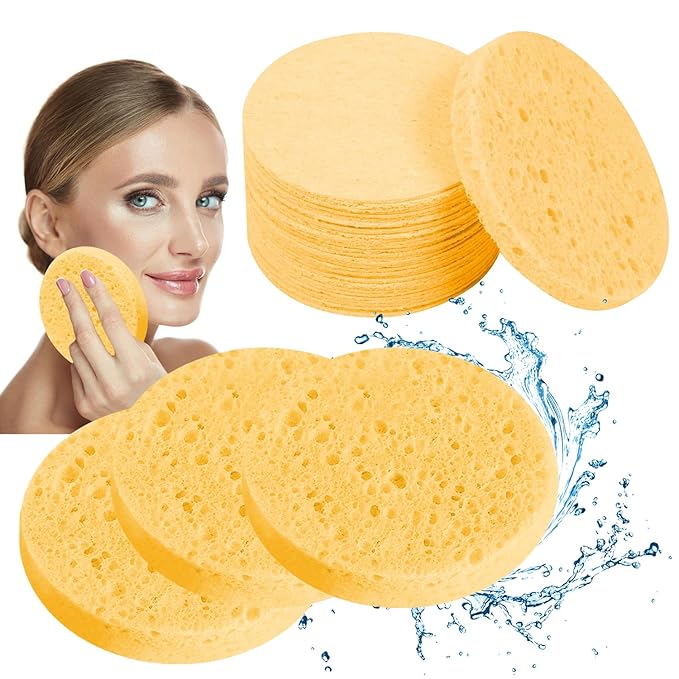 100-Count Facial Sponges Compressed Natural Cellulose Sponge Round Shape Face Sponge for Face Cleansing Exfoliating and Makeup Removal, Yellow
