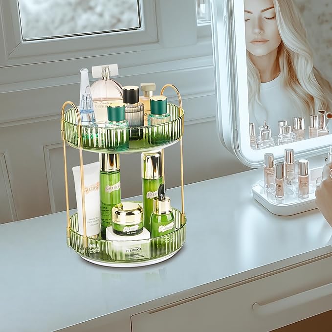 Niluks 360 Rotating Makeup Organizer, 2 Tier Lazy Susan Bathroom Counter Organizer, Skincare Organizers, Spinning Perfume Organizer & Vanity Organizer Countertop (Gem Green, 2 Tier)