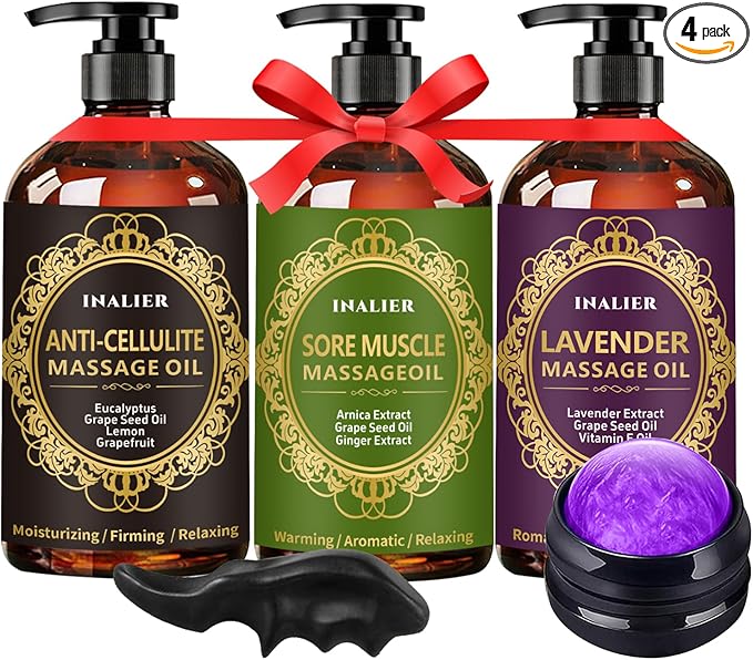 Massage Oil for Massage Therapy,3 Pack Cellulite Massage Oil,Sore Muscle Arnica Oil & Lavender Massage Body Oil with Massage Ball & Thumb Saver Tool,Mens Gifts,Birthday Gifts for Women and Men