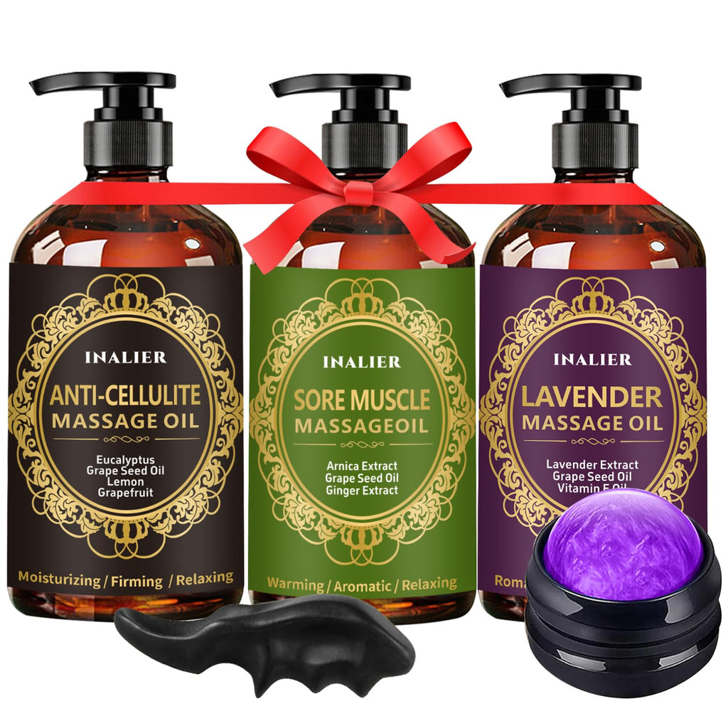 Massage Oil for Massage Therapy,3 Pack Cellulite Massage Oil,Sore Muscle Arnica Oil & Lavender Massage Body Oil with Massage Ball & Thumb Saver Tool,Mens Gifts,Birthday Gifts for Women and Men