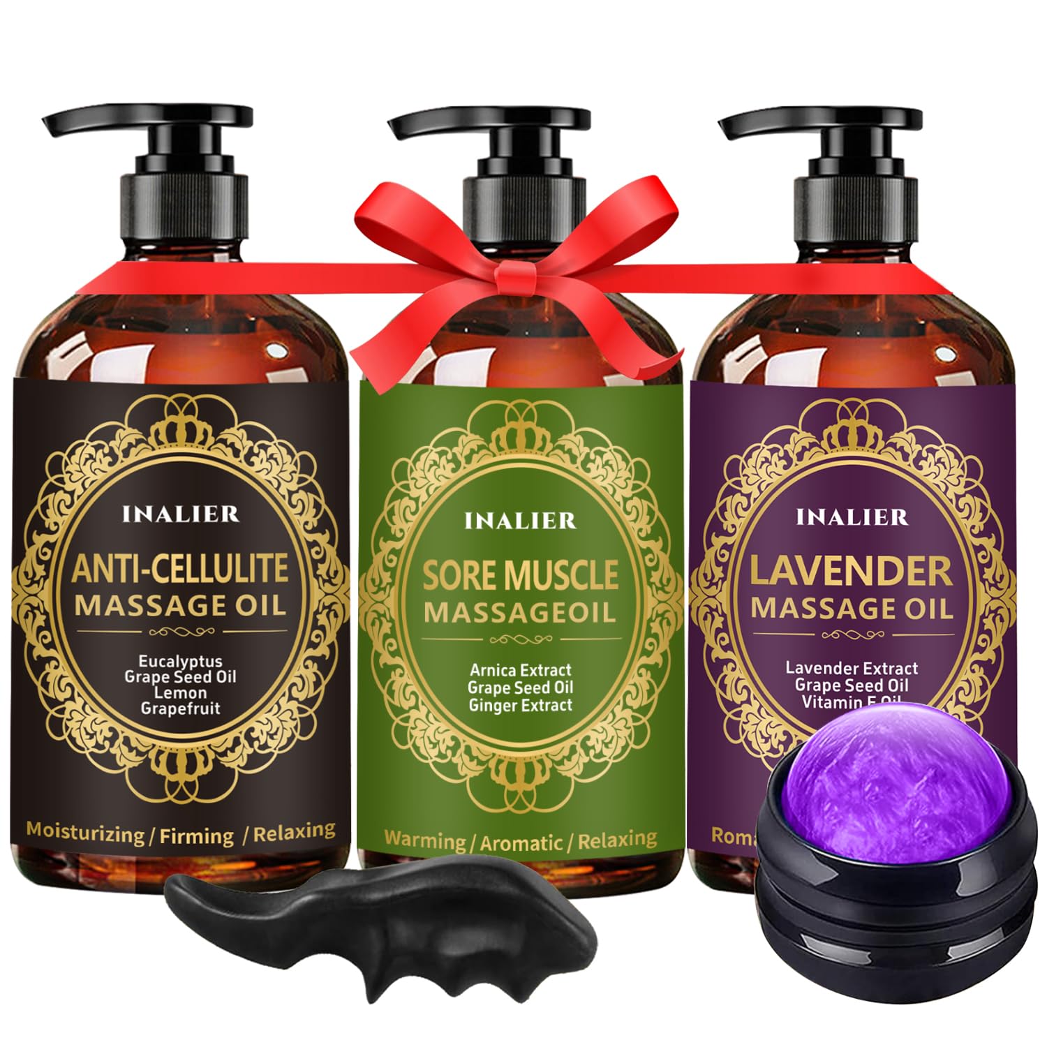 Massage Oil for Massage Therapy,3 Pack Cellulite Massage Oil,Sore Muscle Arnica Oil & Lavender Massage Body Oil with Massage Ball & Thumb Saver Tool,Mens Gifts,Birthday Gifts for Women and Men