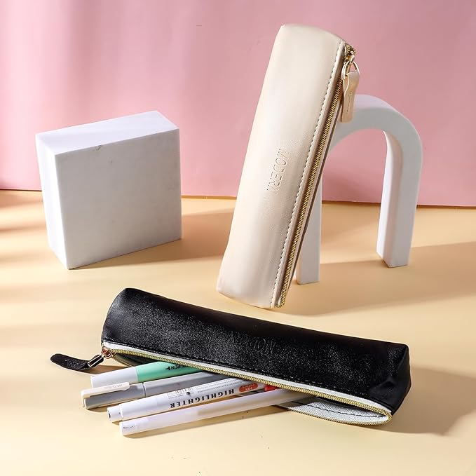 Tucnoeu 2pcs Mini Cosmetic Bag for Purse, 7.87 x 2.55inch Small Leather Pouch Make Up Bag with Zipper Portable Small Cosmetic Organizer for Women and Girls, Black Beige