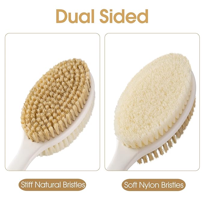 Wonsagain Back Scrubber Anti Slip Long Handle for Shower, Dual-Sided Back Brush with Stiff and Soft Bristles,Body Exfoliator for Bath or Dry Brush.