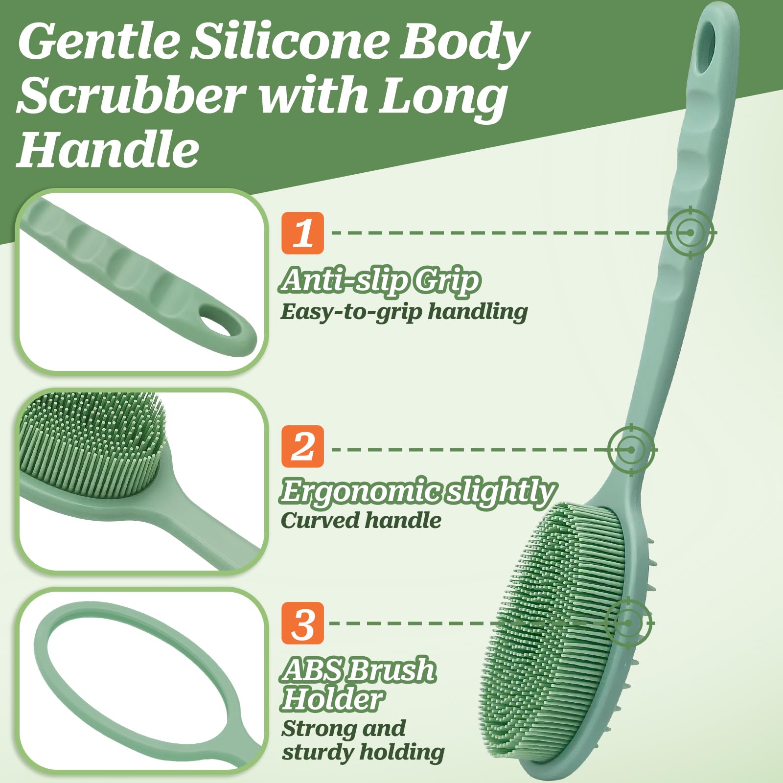 GEENOA Silicone Back Washer for Shower, Gentle Exfoliating Body & Back Scrubber with Handle, Silicone Loofah with Two Dual-Side & Replaceable Brush Heads(Green-Two Heads)