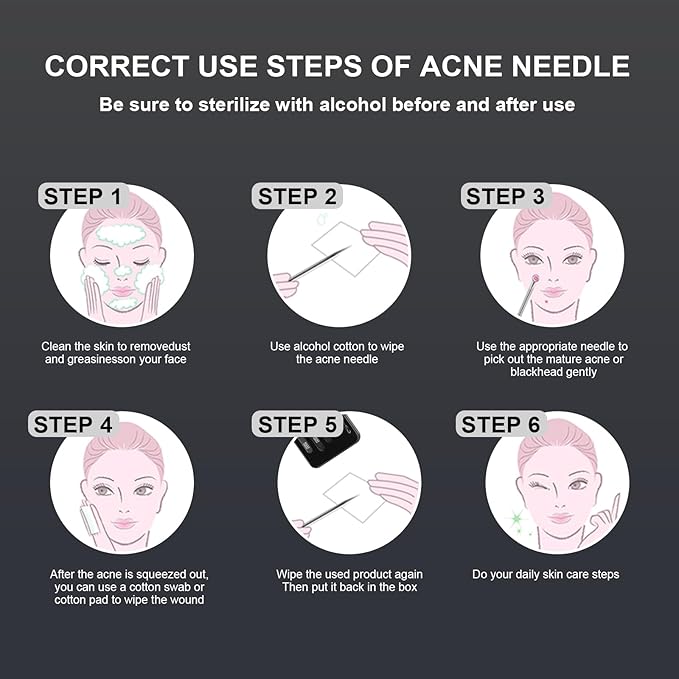 Meidaier 7Pcs Blackhead Remover Kit, Stainless Steel Acne Comedone Extractor with 10X Magnifying Glass & 20 75% Alcohol Pads, Pimple Whitehead Blemish Removal, Anti-Slip Handle & Storage Box