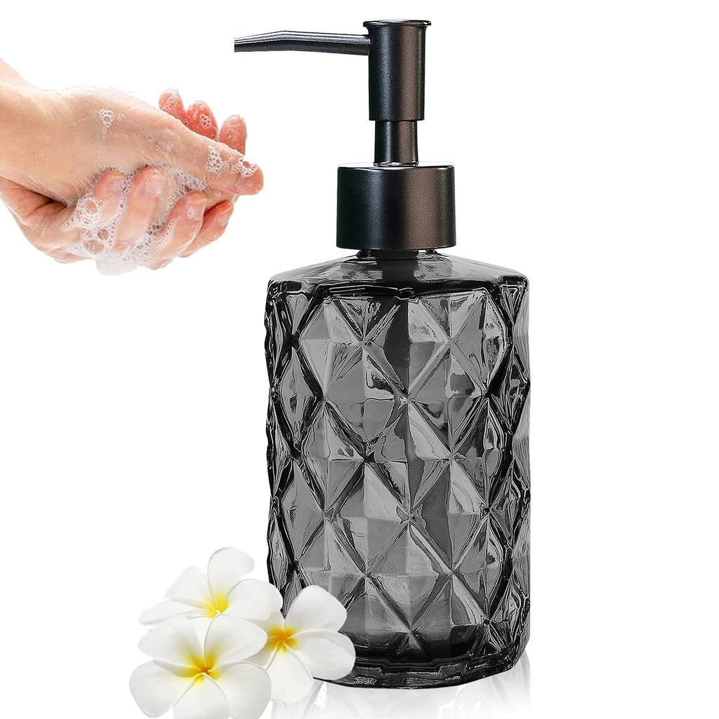 Glass Soap Dispenser with Plastic Pump, 330ml/11oz. Liquid Hand Soap Dispenser for Bathroom and Kitchen, Hand-Pump Dispenser for Dishwashing Liquid, Lotion, Soap, Shower Gel, Essential Oil (Black)