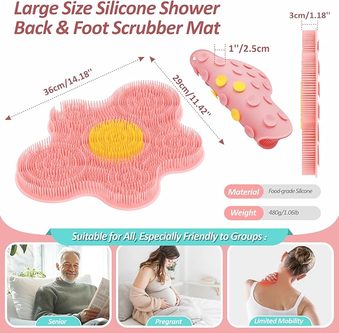New Silicone Shower Foot Scrubber Mat, Large Wall-Mounted Back Scrubber Back Washer with Long Bristles & Powerful Suction Cups, Easy to Clean Exfoliate and Massage Without Bending(Pink)