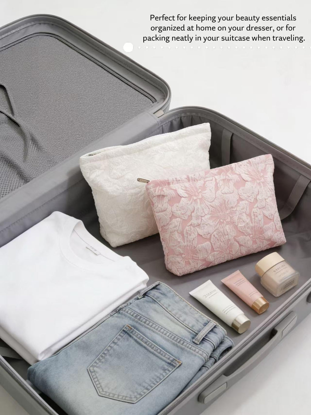 RIKMOXR 2-Pack Large Flower Makeup Bag Set - White & Pink Floral Canvas Cosmetic Organizer | Aesthetic Capacity Travel Toiletry Bag for Women (Makeup Brushes & Accessories Storage)