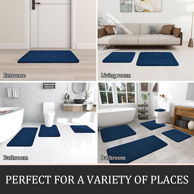 YIHOUSE Bathroom Rugs Mat Set, Memory Foam Bath Mat 2 Piece Navy Blue