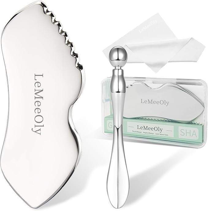 LeMeeOly 2Pcs Gua Sha Facial Tools Stainless Steel, Detailer GuaSha Set for Face Neck, Natural Skin Care Metal Gua Sha Lymphatic Drainage Face Massage Tool (Guasha & Eye Cream Applicator)