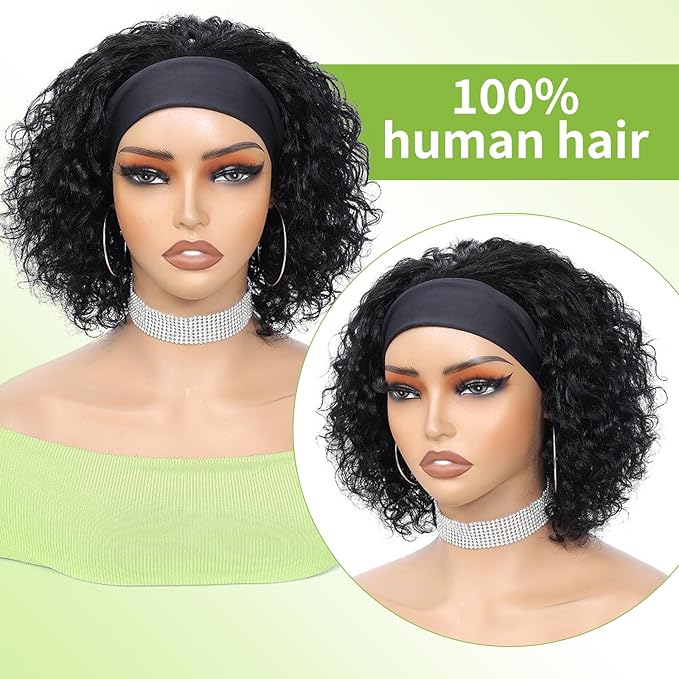 Headband Wig Human Hair Wigs for Black Women Put on and Go Glueless Wig Curly Human Hair Wig Natural Color Headband Wigs Human Hair 10inch