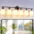 DLLT 6-Light Bathroom Light Fixtures: Black Modern Vanity Lights with E26 Bulbs - Milky White Glass Shade Bathroom Wall Lamp for Mirror Kitchen Living Room Hallway Cabinet Porch