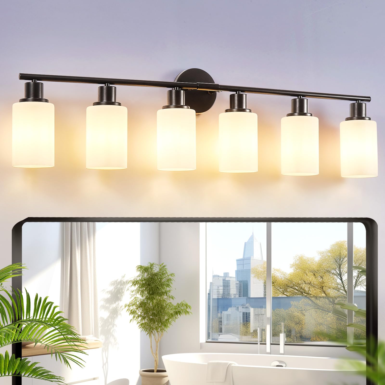 DLLT 6-Light Bathroom Light Fixtures: Black Modern Vanity Lights with E26 Bulbs - Milky White Glass Shade Bathroom Wall Lamp for Mirror Kitchen Living Room Hallway Cabinet Porch