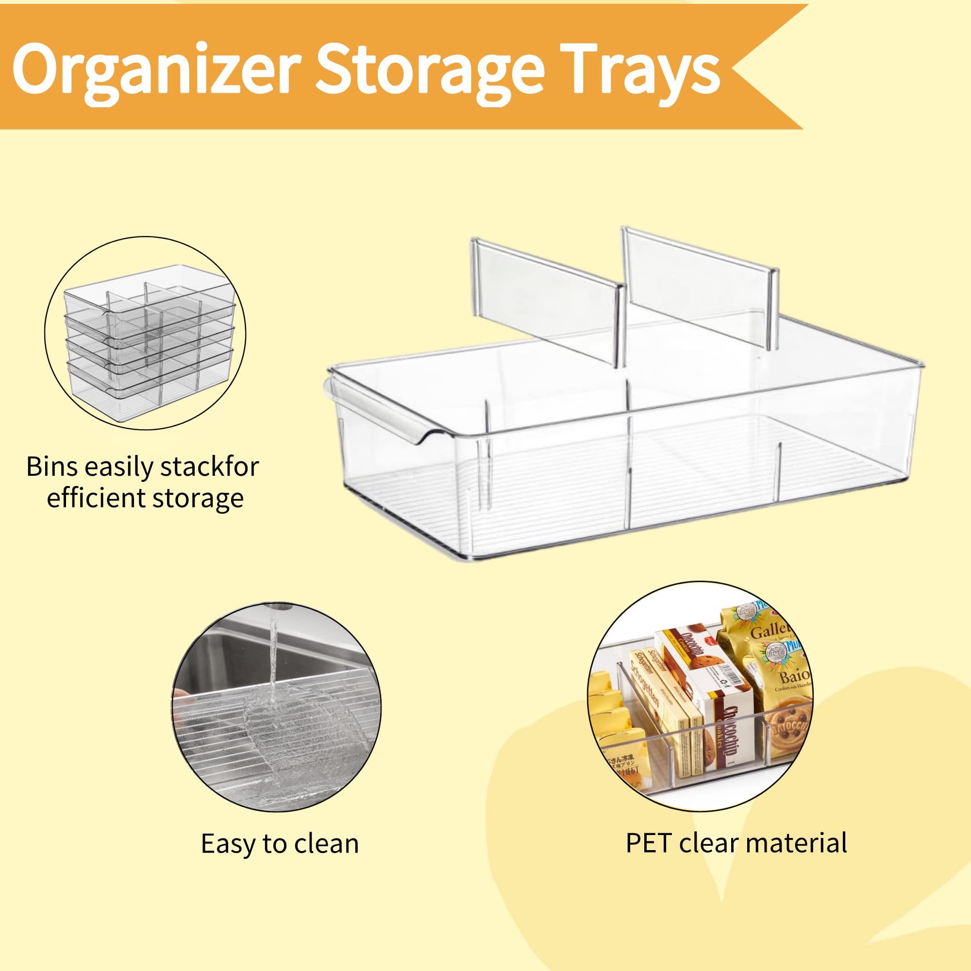 vacane Plastic Pantry Organization and Storage Bins with Removable Dividers, Pantry Organization Refrigerator Organizer Bins, Cabinet Organizers, 2 Pack 13.8" XL
