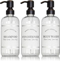 Artanis Home Clear Refillable Shampoo, Conditioner, and Body Wash Bottles - PET Plastic Shampoo Bottles Refillable with Oil Rubbed Bronze Pump - Waterproof Labels - 16 oz, 3 Pack