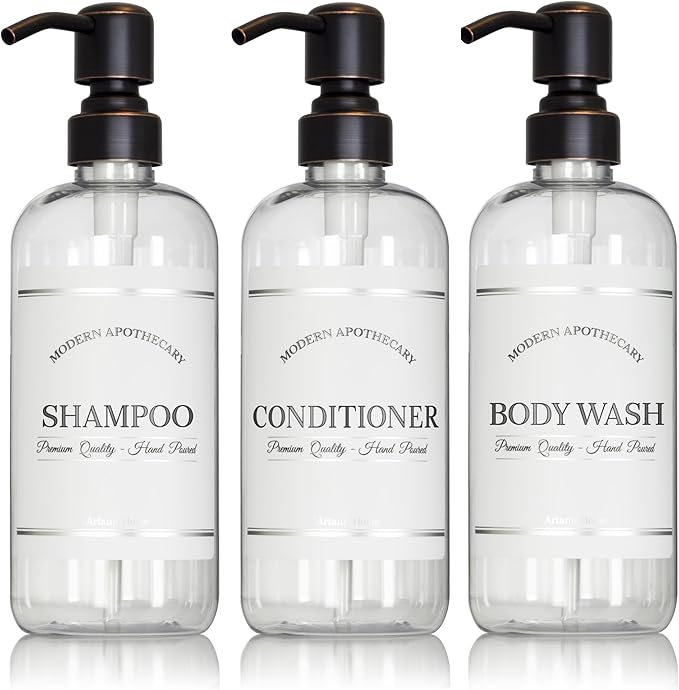 Artanis Home Clear Refillable Shampoo, Conditioner, and Body Wash Bottles - PET Plastic Shampoo Bottles Refillable with Oil Rubbed Bronze Pump - Waterproof Labels - 16 oz, 3 Pack