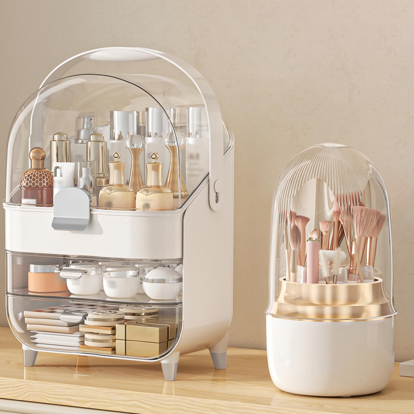 Makeup Organizer Countertop, Skincare Holder Bathroom Counter Organizer, Storage Box Cosmetic Display Cases, Teen Girl Gifts Make up Organizers (Sliver/Brush)