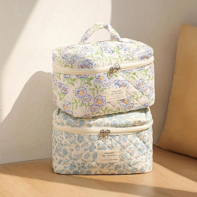 uekeboag Large Travel Quilted Makeup Bag for Women, Floral Cotton Cosmetic Bag, Coquette Aesthetic Floral Toiletry Organizer Bag(12Striated Cherry