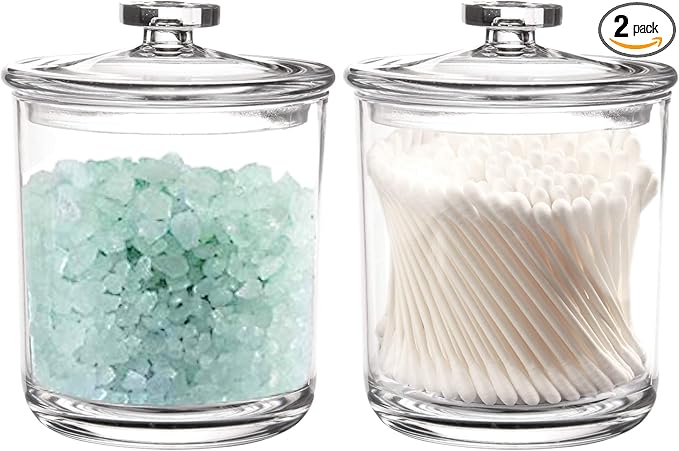 Youngever 2 Pack 15 Ounce Clear Plastic Apothecary Jars, Qtip Holder, Cotton Swab Holder, Bathroom Vanity Organizer for Cotton Balls, Cotton Swab, Qtips