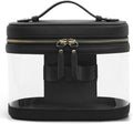 Popvibe Travel Makeup Bag Clear Compact Make Up Vanity Case with Brush Storage and Top Handle, Toiletry Makeup Case Traveling Leather Cosmetic Bag, Portable Medium Large Sized Train Case, Black