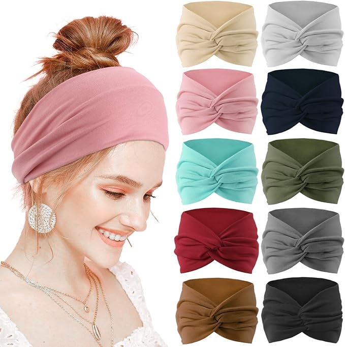 10 Pcs Wide Headbands for Women Non Slip, Stretchy Turban Hair Bands for Big Hair, Extra Thick Sports Headwrap for Workout Running Yoga, Colorful Elastic Hair Accessories for Ladies Gifts (10 Color1)