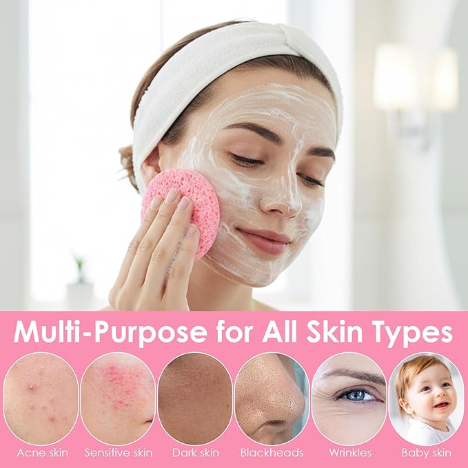 200 Count Compressed Facial Sponges for Cleansing - 100% Natural Cellulose Disposable Face Sponges for Exfoliating, Makeup & Mask Removal, Pink