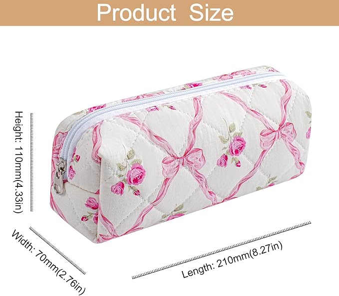 HHQQWZ Cute Floral Cotton Makeup Brush Cosmetic Bag for Women, Travel Quilted Zipper Make Up Bag, Flowers Toiletry Organizer Case Kawaii Makeup Cosmetic Travel Cloth Pouch (Pink Bowknot)