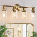 Zarbitta 4-Light Bathroom Light Fixtures, Brushed Brass Modern Vanity Lights with Cyan Glass Shades, Bathroom Wall Lamp for Mirror Kitchen Living Room
