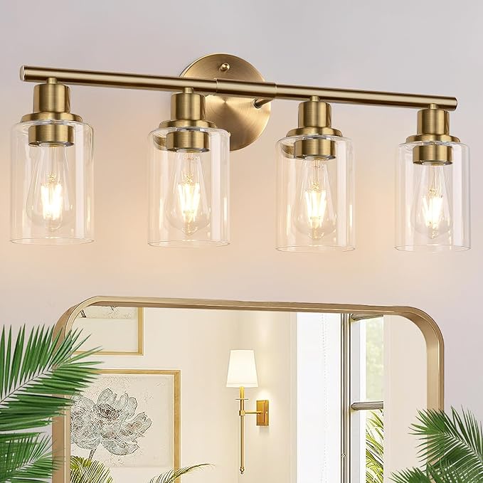 Zarbitta 4-Light Bathroom Light Fixtures, Brushed Brass Modern Vanity Lights with Cyan Glass Shades, Bathroom Wall Lamp for Mirror Kitchen Living Room