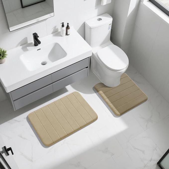 Yimobra Memory Foam Bath Mat Set 2 Piece - Super Soft Absorbent Quick Dry Bathroom Toilet Rugs, Machine Washable Non Slip Floor Carpet for Tub Shower & Single Sink (31.5x20 & 24x20, Pale Khaki)