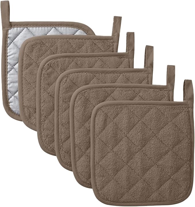 Kitchen Pot Holders Set Heat Resistant Pure Cotton Potholders Kit Trivets Large Coasters Hot Pads Terry Pot Holders for Everyday Cooking and Baking by 7 x 7 Inch Set of 6 Dark Beige