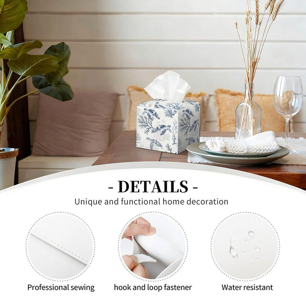 Sea Turtle Tissue Box Cover Leather Tissue Box Holder Square Facial Paper Organizer Dispenser for Bathroom Kitchen Bedroom Vanity Countertop Night Stands