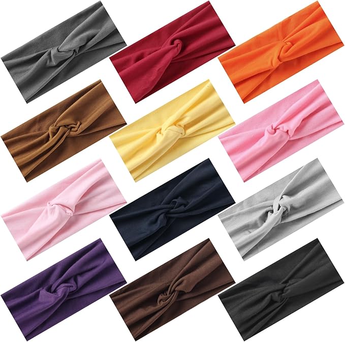 Stretchy Wide Headbands for Women - 12 Pcs Non Slip, Absorbed Sport Headband Soft Twist Knotted Headbands for Daily Life Yoga Workout (12 Color2)