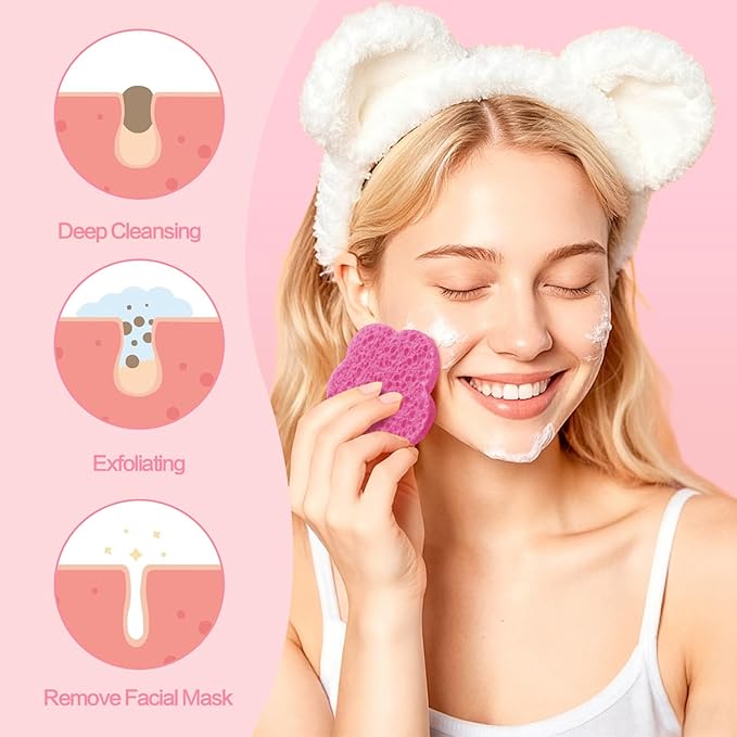 50-Count Facial Sponges Compressed Facial Sponges Natural Facial Cleansing Sponges Pads Cute Flower Shape Exfoliating Sponges for Cleansing Reusable,Best Makeup Gift, Pink