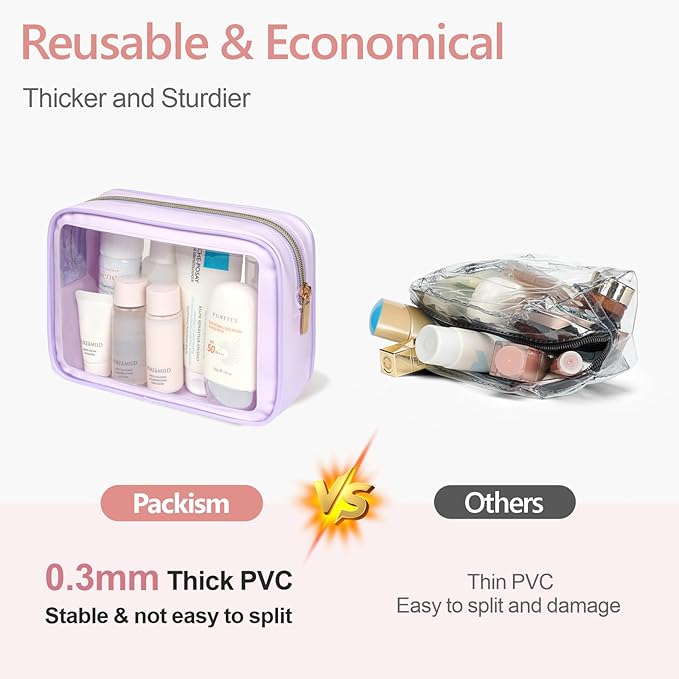 PACKISM Clear Makeup Bag Travel - 3 Pack TSA Approved Toiletry Bag, Purple