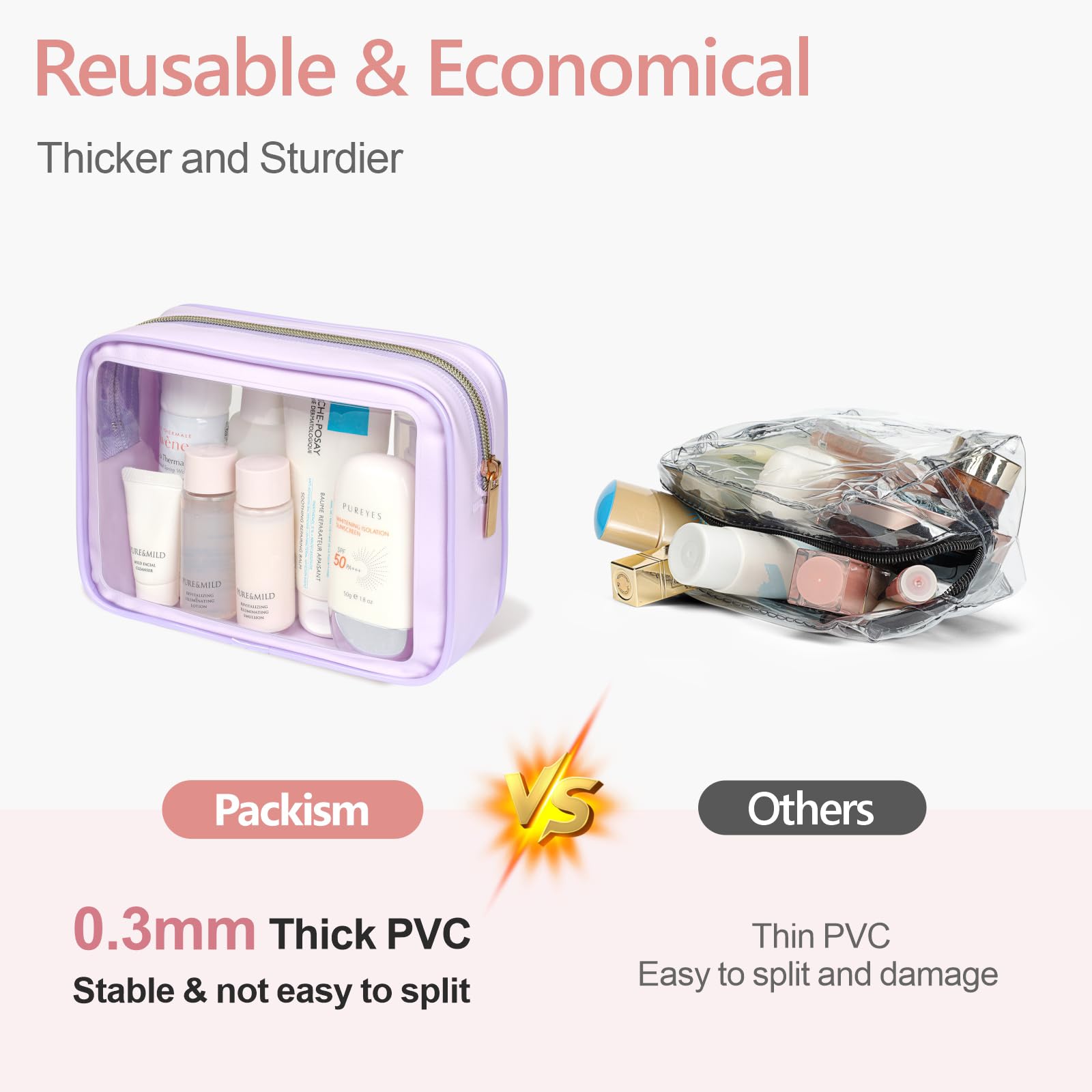 PACKISM Clear Makeup Bag Travel - 3 Pack TSA Approved Toiletry Bag, Purple