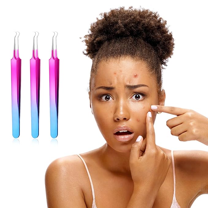 Honoson 3 Pcs Blackhead Tweezer Stainless Steel Pimple Tweezers Tool for Remove Zit Whitehead Pimple Bend Curved Extractor Tweezer Skin Blackhead Remover Tools(Rainbow Color)