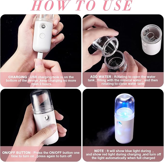 Honoson 2 Pack Nano Facial Mister Spray Bottle Handheld Humidifier Portable Face Mister for Eyelash Extensions USB Rechargeable 1 oz Mini Skin Care Machine for Daily Makeup(White and Blue)