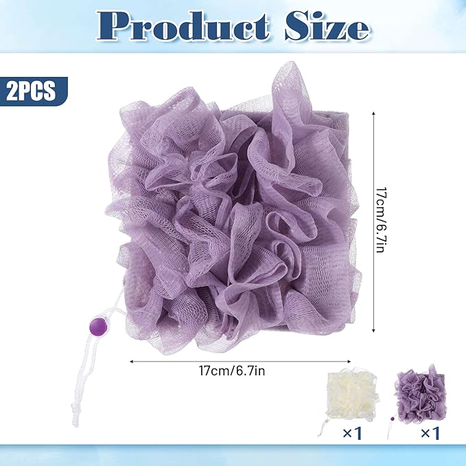 2 Pcs 2 in 1 Loofah Washcloth Combo, Soap Bar Loofah, Exfoliating Shower Pouf with Bar Soap Pocket for Bathing, Cleansing and Smooth Skin (Beige, Purple)