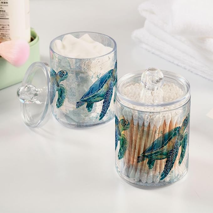 xmycdz 2 Pack Sea Turtle Pattern Apothecary Jars with Lid, 10 Oz Clear Plastic Apothecary Jar Set Qtip Holder Storage Containers for Cotton Ball Swabs Bathroom Vanity