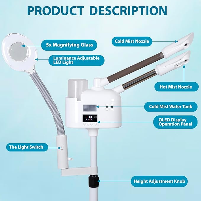 Professional 3 in 1 Facial Steamer for Face Deep Cleaning Ozone Face Steamer with 5X Magnifying Lamp Hot Mist Function for Salon Spa Home Beauty Equipment
