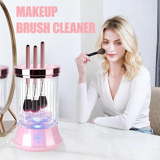 Electric Makeup Brush Cleaner Machine, USB Powered Automatic Spinning Makeup Brush Cleaner with 2 Cleaning Modes, Portable Brush Cleaner for Deep Cleaning Cosmetic Brushes, Pink