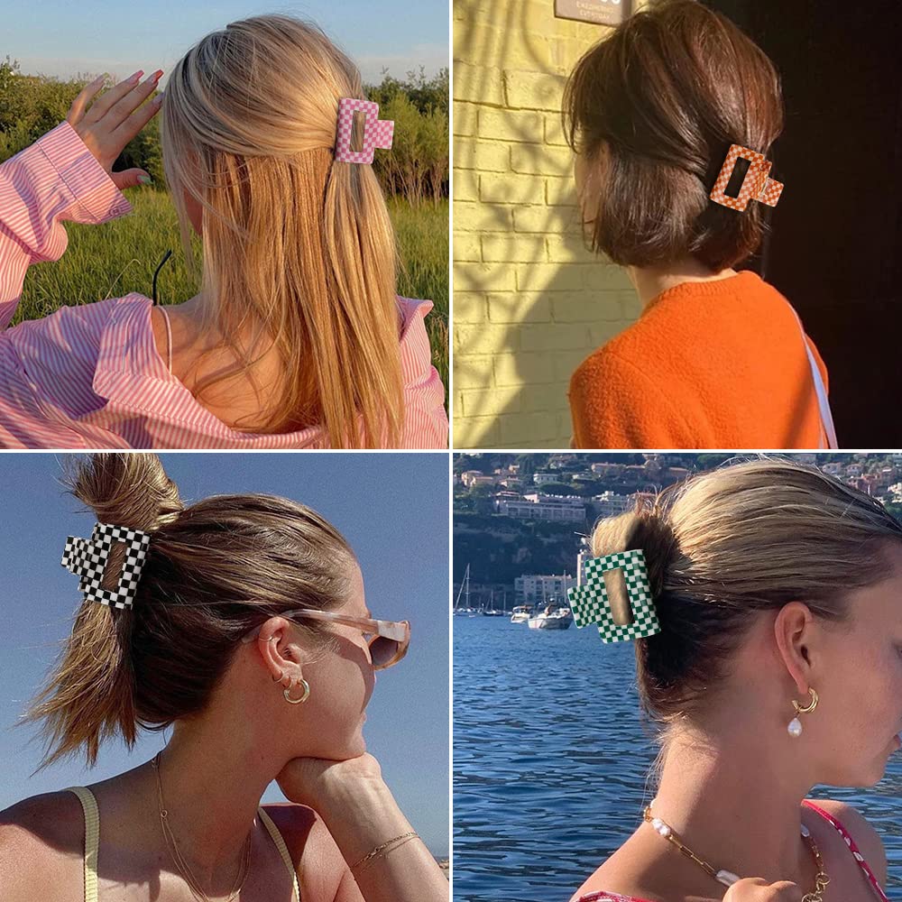 Ahoney 4 Pack Checkered Hair Claw Clips for Thin Hair Y2k Hair Accessories 2" Small Hair Clips for Thick Hair Cute Hair Clips for Women Girls