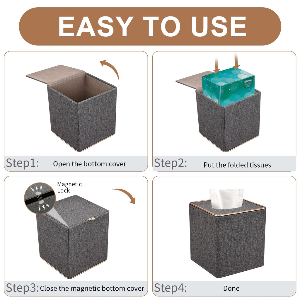 Tissue Box Cover, PU Leather Tissue Box Holder Square Box Covers for Home/Office/Car Decoration 5.3"X5.3"X5.8" - Grey
