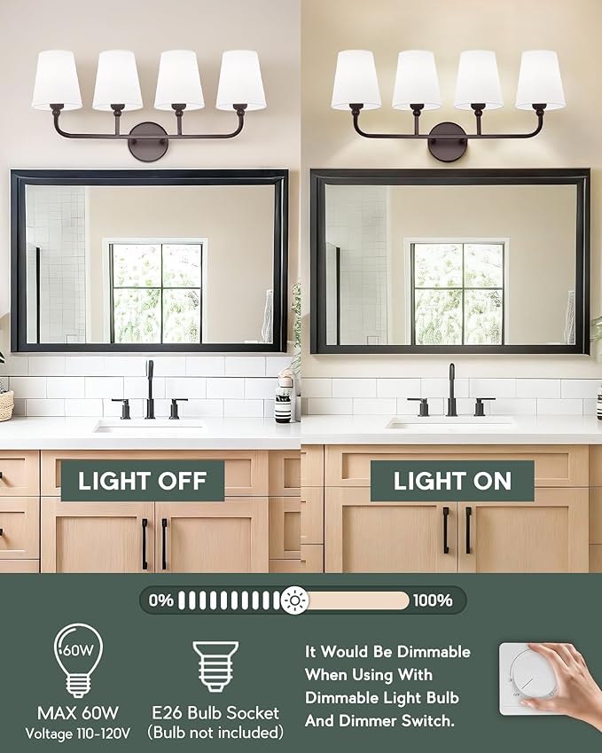 Bathroom Light Fixtures, 4 Light Oil Rubbed Bronze Vanity Lights with Flared White Fabric Shade, 28 Inch Wall Sconce, Vintage Sconces Wall Lighting for Hallway Bedroom, VL837-ORB-4