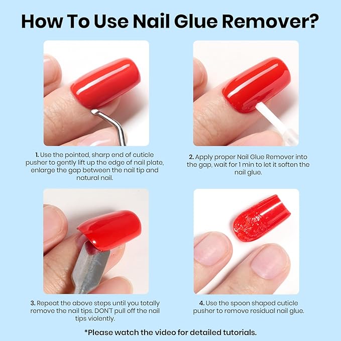 Beetles Nail Glue Remover with Cuticle Tool, 1 Pcs 20ml Press on Nail Remover Non-Acetone Adhesive for False Nail Tips Gentle Formula Not for UV Nail Glue Gel