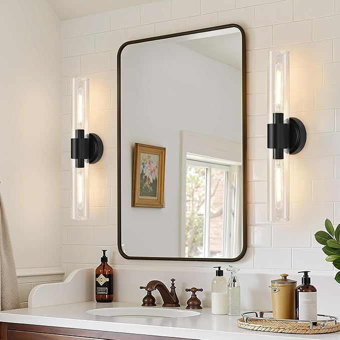 Wall Sconces Set of Two,Matte Black Bathroom Sconces with Clear Glass, Hardwired Sconces Wall Decor Set of 2, Modern Wall Vanity Light Fixtures for Bathroom Mirror Bedroom Living Room Hallway