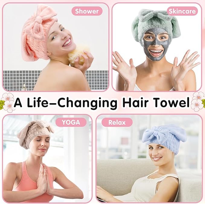 IJRPLM 4 Pack Microfiber Hair Towel Cap,Super Absorbent Hair Towel Wrap Drying Hair Cap,Soft Microfiber Hair Drying Towel Cap with Bow-Knot,Anti Frizz Hair Turban Wrap for Curly Long Wet Hair